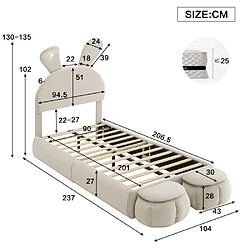 Avis modfu Lit enfant 90x200 cm avec bandes lumineuses et 2 tabourets, en velours, beige