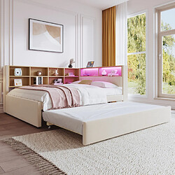 modfu Lit gigogne 140x200 cm avec LED, prises et compartiments, en flanelle, beige