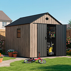 Hoggar – Abri de jardin en résine 6,41 m² Oak O60 – Sol inclus – Fenêtre latérale – Effet bois premium – Double porte large – Protection UV et imperméable – Fermeture avec loquet – Aérateurs