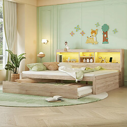 modfu Lit gigogne 140x200 cm avec LED, compartiment et USB, en panneau de particules, naturel