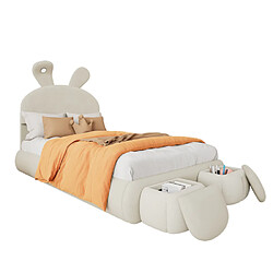 modfu Lit enfant 90x200 cm avec bandes lumineuses et 2 tabourets, en velours, beige pas cher