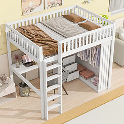 modfu Lit mezzanine 140x200 cm avec bureau, armoire et 3 tiroirs, en pin, blanc