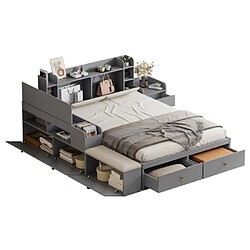 Acheter modfu Lit adulte 140x200 cm avec tiroirs, table de chevet et banquette, en bois, gris