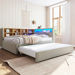 modfu Lit gigogne 140x200 cm avec LED, prises et compartiments, en flanelle, gris clair