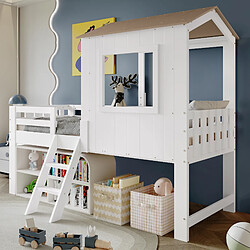 Blossom Paris Lit enfant maison mi-haut avec toit, fenêtre, petite échelle et rangement sous lit, pin, MDF, contreplaqué, blanc et bois, 90x200 cm