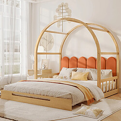 Blossom Paris Lit enfant extensible avec toit arrondi et matelas inclus - Pin naturel/orange 140x100-200 cm, multifonction