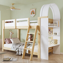 Blossom Paris Lit superposé enfant avec 3 niveaux d'étagères, protection de lit, grande échelle et sommier robuste, pin, MDF, contreplaqué, blanc et bois, 90x200 cm