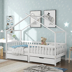 Blossom Paris Lit cabane enfant avec 2 tiroirs, en bois avec barreaux et sommier à lattes, blanc (200x90 cm)