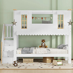 Acheter Blossom Paris Lit superposé enfant avec escalier de rangement, fenêtre détaillée, toit galbé et 2 feutres décoratifs, pin, MDF, contreplaqué, blanc et bois