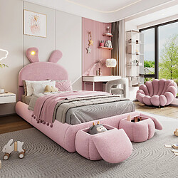 Blossom Paris Lit capitonné enfant oreilles lapin avec LED chaude et 2 bancs rangement, velours, rose, 90x200 cm
