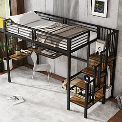 Avis Blossom Paris Lit superposé métal mezzanine avec bureau, armoire et échelle latérale à main courante, métal et panneau, noir et bois foncé