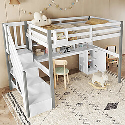 Blossom Paris Lit mezzanine avec bacs de rangement en tissu, échelle latérale et étagère, bureau et armoire, pin et MDF, blanc et gris, 90x200 cm pas cher