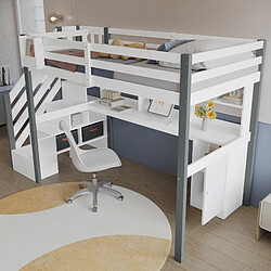 Avis Blossom Paris Lit mezzanine avec bacs de rangement en tissu, échelle latérale et étagère, bureau et armoire, pin et MDF, blanc et gris, 90x200 cm