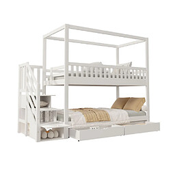 modfu Lit superposé 90x200 cm avec barrière et échelle, en bois, blanc pas cher