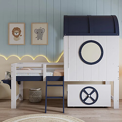 Avis Blossom Paris Lit mezzanine enfant avec toit, fenêtre et tiroir - Bois pin & MDF blanc/bleu 90x200 cm