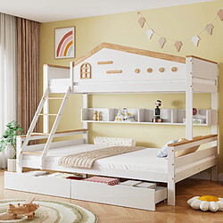 Blossom Paris Lit superposé enfant avec 2 tiroirs, fenêtre, échelle et étagère, pin et MDF, blanc et bois (90x200 et 140x200 cm)