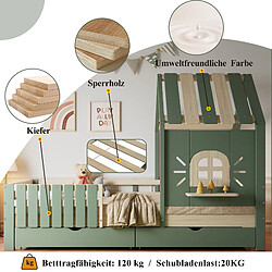 Blossom Paris Lit maison enfant avec toit, fenêtre, appui de fenêtre, 2 tiroirs, pin et MDF, vert et bois, 90x200 cm pas cher