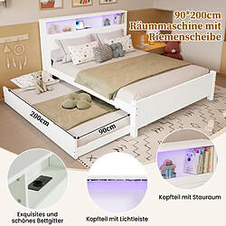 Blossom Paris Lit double plateforme familial avec LED, prise USB, lit escamotable et rangement tête de lit, pin et MDF, blanc (120x200 et 90x190 cm) pas cher