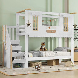 Blossom Paris Lit superposé enfant avec escalier de rangement, fenêtre détaillée, toit galbé et 2 feutres décoratifs, pin, MDF, contreplaqué, blanc et bois pas cher