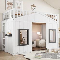 Blossom Paris Lit mezzanine maison enfant avec escalier et fenêtre - Espace bas modulable - Pin & MDF blanc 90x200 cm