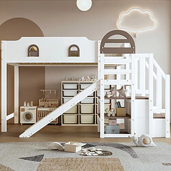 Blossom Paris Lit mezzanine avec toboggan, fenêtre et rangements intégrés - Escalier sécurisé - Pin & MDF blanc/brun 90x200 cm