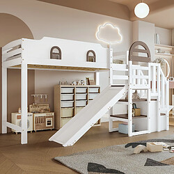 Blossom Paris Lit mezzanine avec toboggan, fenêtre et rangements intégrés - Escalier sécurisé - Pin & MDF blanc/brun 90x200 cm