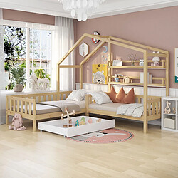 Blossom Paris Lit cabane enfant avec tiroirs et étagère, structure en L, couleur bois (90x200+140x70 cm)