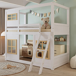 Blossom Paris Lit superposé enfant avec jolie fenêtre, échelle robuste et barreaux sur 4 côtés, pin, MDF, contreplaqué, blanc et bois, 90x200 cm
