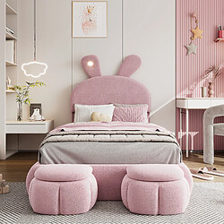 Blossom Paris Lit capitonné enfant oreilles lapin avec LED chaude et 2 bancs rangement, velours, rose, 90x200 cm