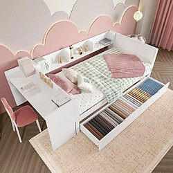 modfu Lit enfant 90x200 cm avec bureau et 2 tiroirs, en pin, blanc