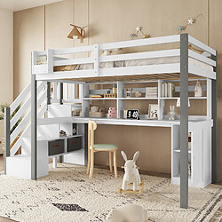 Acheter Blossom Paris Lit mezzanine avec bacs de rangement en tissu, échelle latérale et étagère, bureau et armoire, pin et MDF, blanc et gris, 90x200 cm