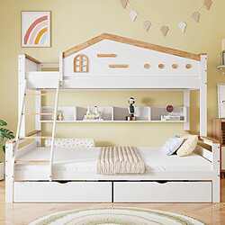 Blossom Paris Lit superposé enfant avec 2 tiroirs, fenêtre, échelle et étagère, pin et MDF, blanc et bois (90x200 et 140x200 cm)