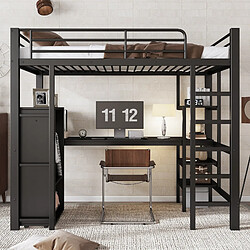 Blossom Paris Lit superposé métal avec bureau, armoire et grande échelle, métal et panneau de particules, noir, 90x200 cm