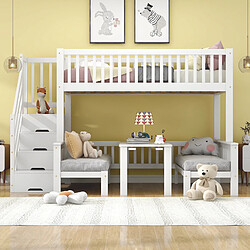 Blossom Paris Lit superposé enfant avec bureau réglable en hauteur, escalier de rangement robuste et protection, pin, MDF, contreplaqué, blanc (90x200 et 120x200 cm)