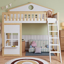 Blossom Paris Lit superposé cabane avec échelle et protection, toit et fenêtre, espace bas modulable, pin et MDF, blanc et bois, 90x200 cm