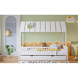 Blossom Paris Lit enfant avec lit escamotable, toit avec cheminée, 3 côtés barreaux, pin et MDF, blanc (120x200/190 cm) pas cher