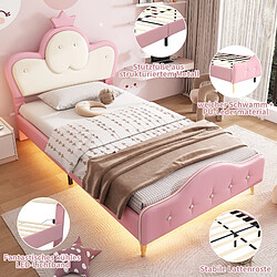 Blossom Paris Lit capitonné enfant avec LED et protection angles, tête de lit couronne, PU, rose et blanc, 90x200 cm pas cher