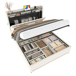modfu Lit coffre 140x200 cm avec LED, port USB Type-C et tête de lit, en velours, beige pas cher