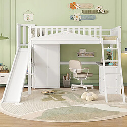 Blossom Paris Lit superposé enfant avec bureau, armoire et grande échelle, pin, MDF, contreplaqué, blanc, 90x200 cm pas cher