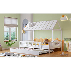 Acheter Blossom Paris Lit enfant avec lit escamotable, toit avec cheminée, 3 côtés barreaux, pin et MDF, blanc (120x200/190 cm)