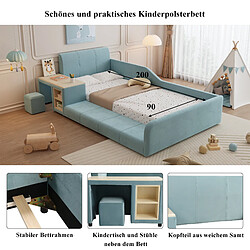 Blossom Paris Lit simple capitonné avec bureau et tabouret enfant, étagère de rangement, tête de lit molle, velours, bleu, 90x200 cm pas cher