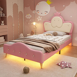Blossom Paris Lit capitonné enfant avec LED et protection angles, tête de lit couronne, PU, rose et blanc, 90x200 cm
