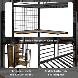 Blossom Paris Lit superposé métal mezzanine avec bureau, armoire et échelle latérale à main courante, métal et panneau, noir et bois foncé pas cher
