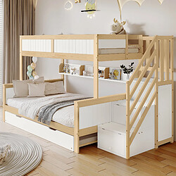 Blossom Paris Lit superposé enfant 3 configurations avec lit rabattable, armoire et escalier, pin et MDF, blanc et bois (90x200, 90x190, 120x200 cm)