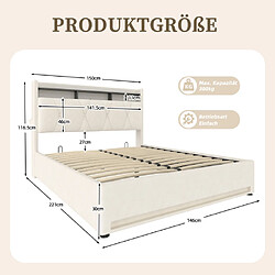 Avis modfu Lit coffre 140x200 cm avec LED, port USB Type-C et tête de lit, en velours, beige