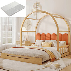 Blossom Paris Lit à toit escamotable avec coussin velours, cadre pin, bois et orange, matelas inclus (140x100 et 140x200 cm)