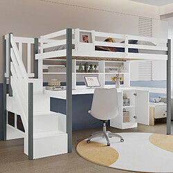 Blossom Paris Lit mezzanine avec bacs de rangement en tissu, échelle latérale et étagère, bureau et armoire, pin et MDF, blanc et gris, 90x200 cm
