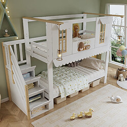 Avis Blossom Paris Lit superposé enfant avec escalier de rangement, fenêtre détaillée, toit galbé et 2 feutres décoratifs, pin, MDF, contreplaqué, blanc et bois