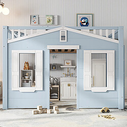 Blossom Paris Lit superposé enfant avec espace bas flexible, rideau décoratif et échelle sûre, pin, MDF, contreplaqué, bleu, 90x200 cm