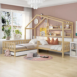 Blossom Paris Lit cabane enfant avec tiroirs et étagère, structure en L, couleur bois (90x200+140x70 cm)